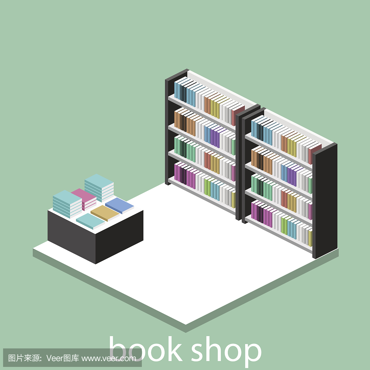 书店内部的等距平面3D。
